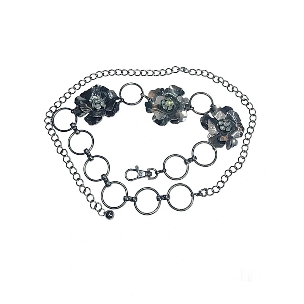 Gunmetal Floral Rhinestone Chain Belt O-Ring Adjustable Y2K Grunge Statement